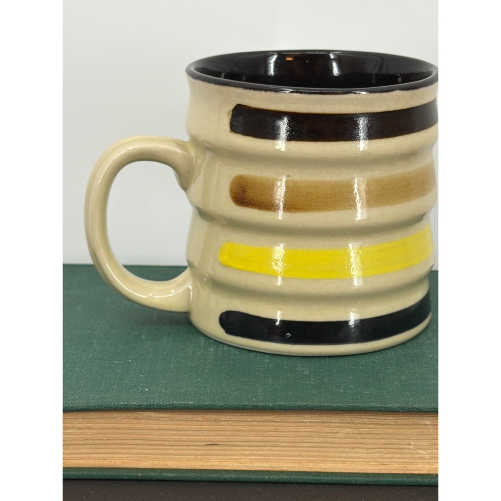 Perfect Genuine Stoneware Beehive Ribbed Striped Coffee Mug Vintage Korea Brown‎